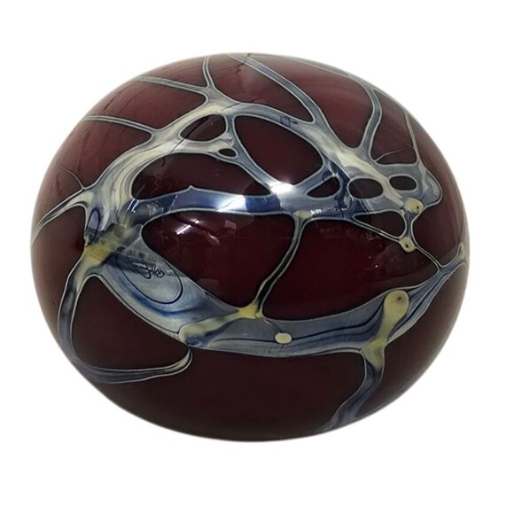 3" Dark Red Paperweight Art Glass Sphere Silver Abstract Signed J Bryon - Picture 3 of 10